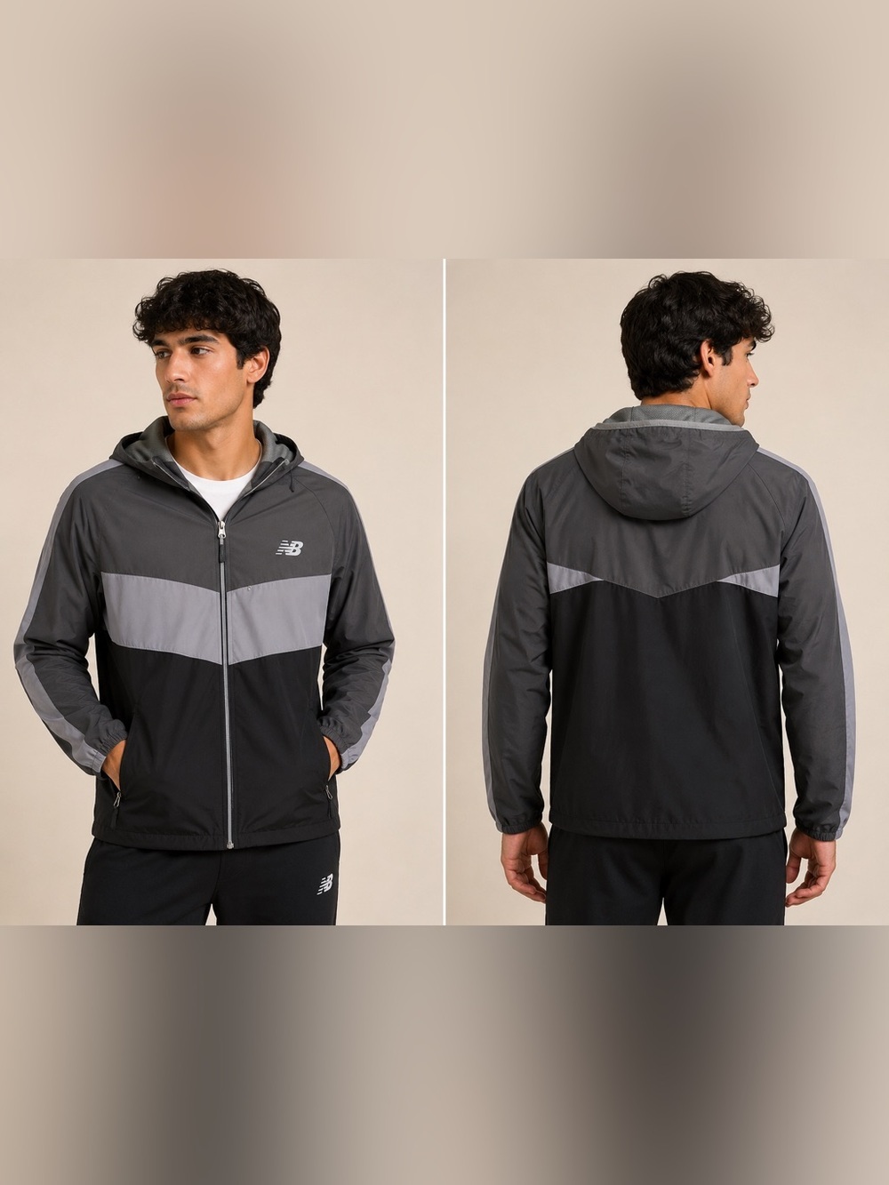 New Balance Men's Hooded Windbreaker Jacket Gray Black Size Medium